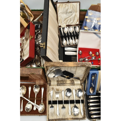 141 - A BOX OF ASSORTED CUTLERY, to include an assortment of cased cutlery sets and assorted loose cutlery