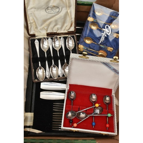 141 - A BOX OF ASSORTED CUTLERY, to include an assortment of cased cutlery sets and assorted loose cutlery