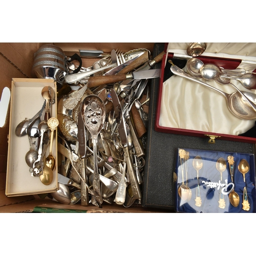 141 - A BOX OF ASSORTED CUTLERY, to include an assortment of cased cutlery sets and assorted loose cutlery