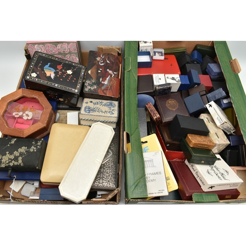 142 - TWO LARGE BOXES OF ASSORTED JEWELLERY BOXES, to include a selection of single jewellery item boxes a... 