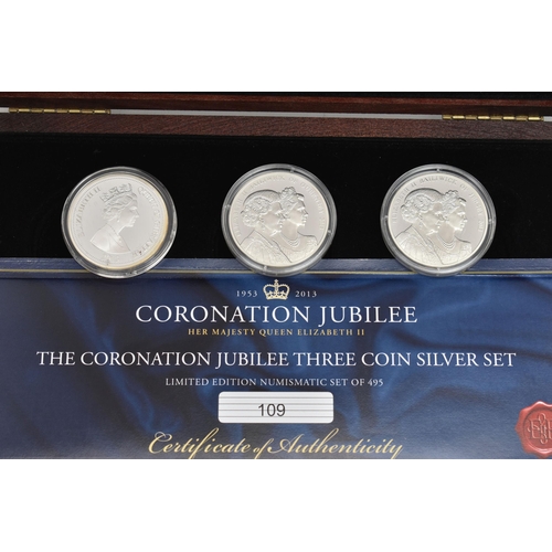 143 - THE CORONATION JUBILEE THREE COIN SILVER SET, to include three Sterling Silver Proof Five Pound coin... 