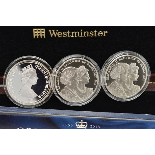 143 - THE CORONATION JUBILEE THREE COIN SILVER SET, to include three Sterling Silver Proof Five Pound coin... 