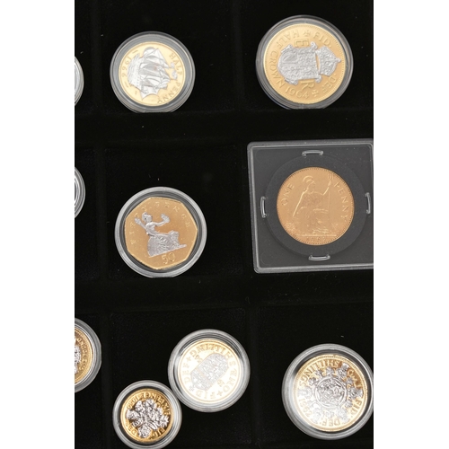 146 - A COLLECTION OF GOLD LAYERED CU COINAGE, to include six Photo and Gold Layered Queen Elizabeth II Nu... 