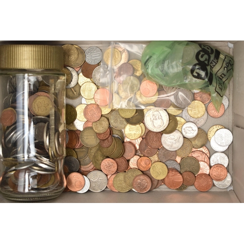 149 - A CARDBOARD BOX AND GLASS JAR OF MIXED COINAGE, to include amounts of Euro small change etc