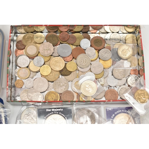 150 - A PLASTIC BOX AND TIN OF MIXED COINS AND BANKNOTES, to include Maundy One and Two and Fourpence 1884... 