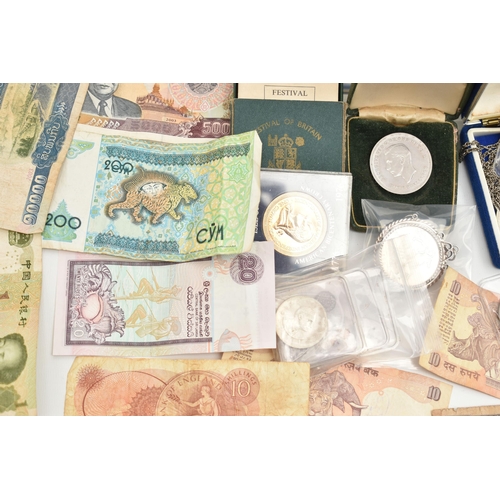 150 - A PLASTIC BOX AND TIN OF MIXED COINS AND BANKNOTES, to include Maundy One and Two and Fourpence 1884... 