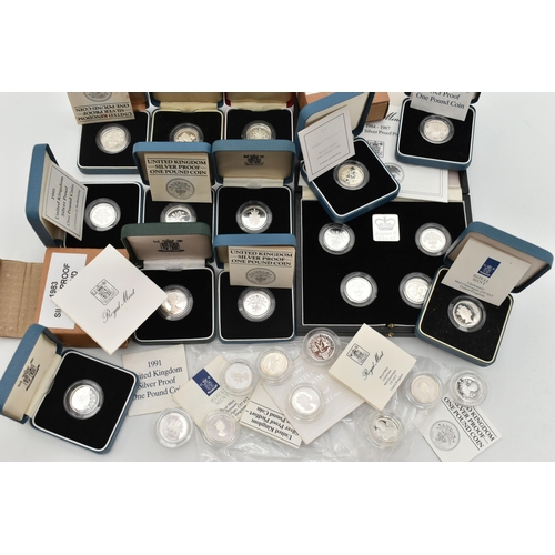 154 - A CARDBOARD BOX CONTAINING 26x SILVER PROOF ROYAL MINT ONE POUND COINS, 1983-97 thirteen are boxed o... 