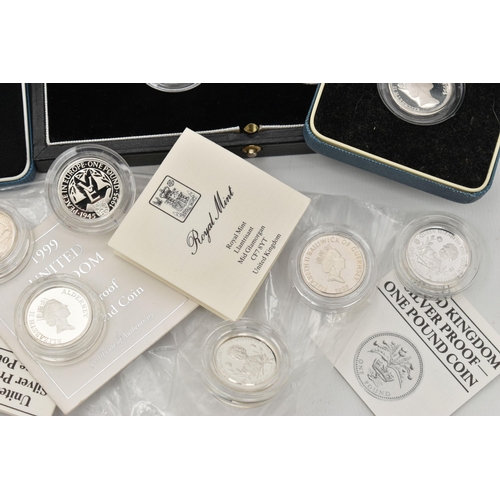 154 - A CARDBOARD BOX CONTAINING 26x SILVER PROOF ROYAL MINT ONE POUND COINS, 1983-97 thirteen are boxed o... 