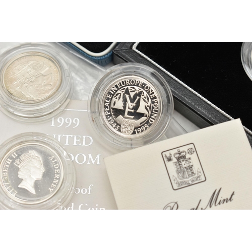 154 - A CARDBOARD BOX CONTAINING 26x SILVER PROOF ROYAL MINT ONE POUND COINS, 1983-97 thirteen are boxed o... 