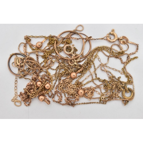 73 - ASSORTED JEWELLERY, AF to include broken and tangled fine chains, hallmarked 9ct or stamped 9ct, app... 