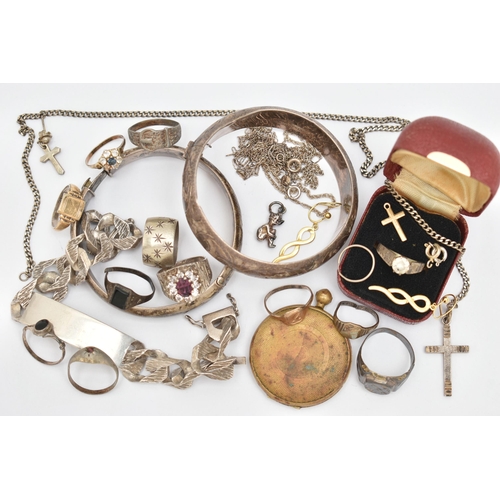 74 - A BAG OF SILVER AND WHITE METAL JEWELLERY, to include a heavy silver identification bracelet, engrav... 