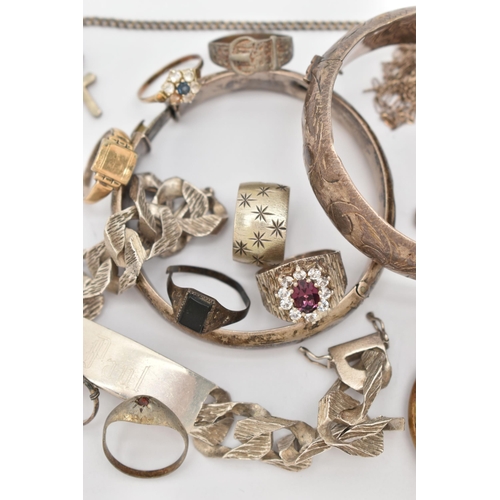 74 - A BAG OF SILVER AND WHITE METAL JEWELLERY, to include a heavy silver identification bracelet, engrav... 