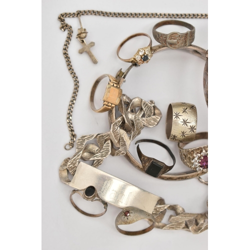 74 - A BAG OF SILVER AND WHITE METAL JEWELLERY, to include a heavy silver identification bracelet, engrav... 