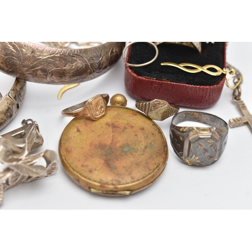 74 - A BAG OF SILVER AND WHITE METAL JEWELLERY, to include a heavy silver identification bracelet, engrav... 