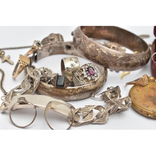 74 - A BAG OF SILVER AND WHITE METAL JEWELLERY, to include a heavy silver identification bracelet, engrav... 