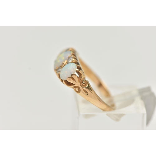 75 - AN EARLY 20TH CENTURY, 18CT GOLD OPAL AND DIAMOND RING, designed with three oval opal cabochons, int... 