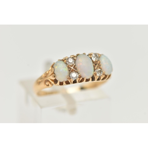 75 - AN EARLY 20TH CENTURY, 18CT GOLD OPAL AND DIAMOND RING, designed with three oval opal cabochons, int... 