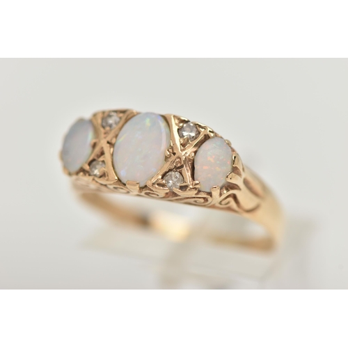 76 - A YELLOW METAL OPAL AND DIAMOND RING, designed with three oval cut opals, interspaced with four smal... 