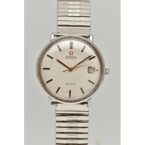 77 - A GENTS 'OMEGA' AUTOMATIC WRISTWATCH, round silver dial, signed 'Omega Automatic De Ville', baton ma... 