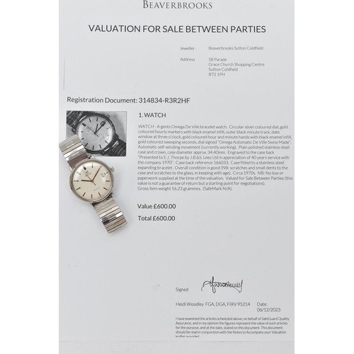 77 - A GENTS 'OMEGA' AUTOMATIC WRISTWATCH, round silver dial, signed 'Omega Automatic De Ville', baton ma... 