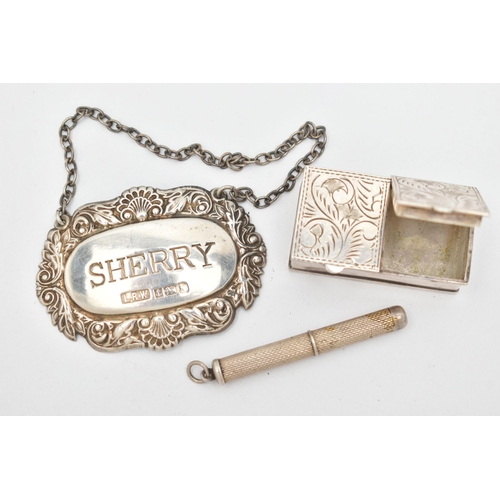 82 - A SILVER DECANTER LABEL, PILL BOX AND A SMALL TOOTHPICK, floral decanter label for 'Sherry', hallmar... 