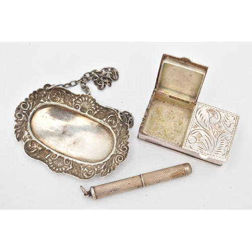 82 - A SILVER DECANTER LABEL, PILL BOX AND A SMALL TOOTHPICK, floral decanter label for 'Sherry', hallmar... 