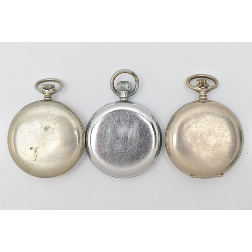 84 - THREE POCKET WATCHES, all base metal and manual wind open face pocket watches, all require attention