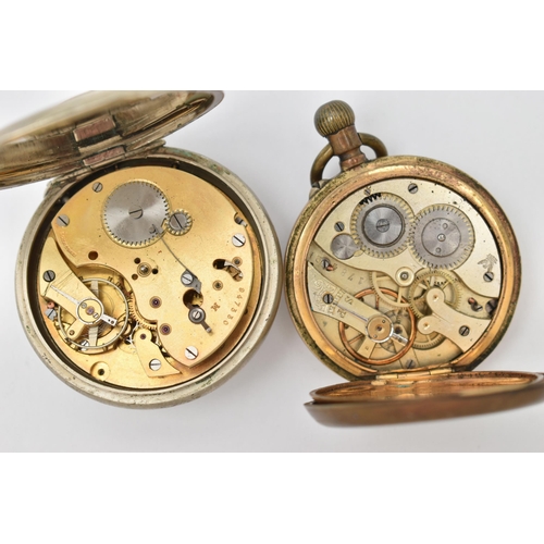 86 - TWO POCKET WATCHES, to include a very worn gold plated, manual wind, open face pocket watch, Roman n... 