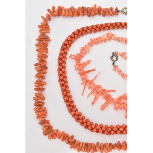 94 - THREE CORAL BEAD NECKLACES, to include a small circular bead necklace fitted with spring clasp, leng... 