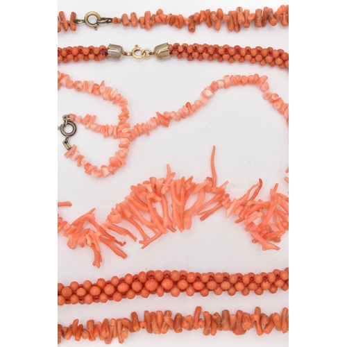 94 - THREE CORAL BEAD NECKLACES, to include a small circular bead necklace fitted with spring clasp, leng... 