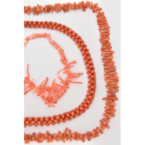 94 - THREE CORAL BEAD NECKLACES, to include a small circular bead necklace fitted with spring clasp, leng... 