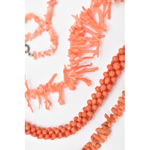 94 - THREE CORAL BEAD NECKLACES, to include a small circular bead necklace fitted with spring clasp, leng... 