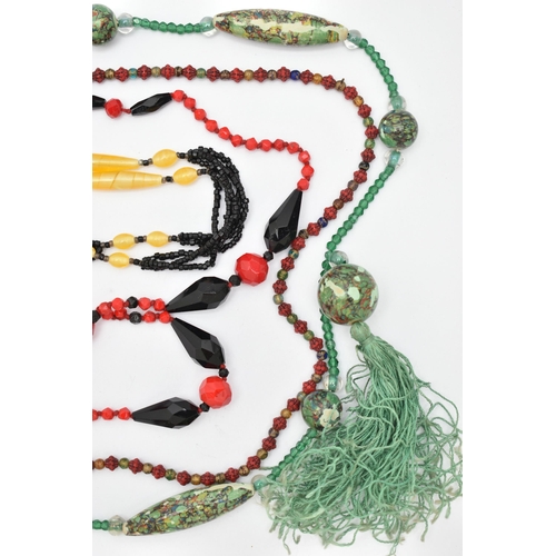 98 - FOUR EARLY TO MID 20TH CENTURY FLAPPER BEAD NECKLACES, plastic bead necklaces (condition report: use... 