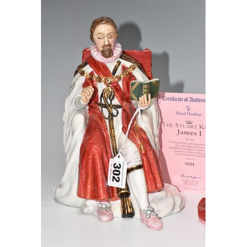 302 - TWO LIMITED EDITION ROYAL DOULTON FIGURES, comprising King James I (1566-1625) HN3822, no 94/1500, f... 