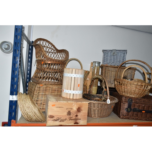 315 - A QUANTITY OF WICKER BASKETS, HAMPERS, CHAIR AND A WOODEN ROCKING HORSE, comprising a child's small ... 