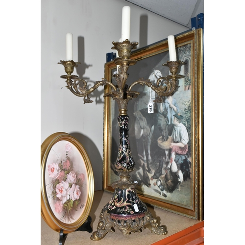 316 - A LARGE CANDELABRA AND TWO FRAMED PICTURES, comprising a Wong Lee porcelain and cast metal five flam... 