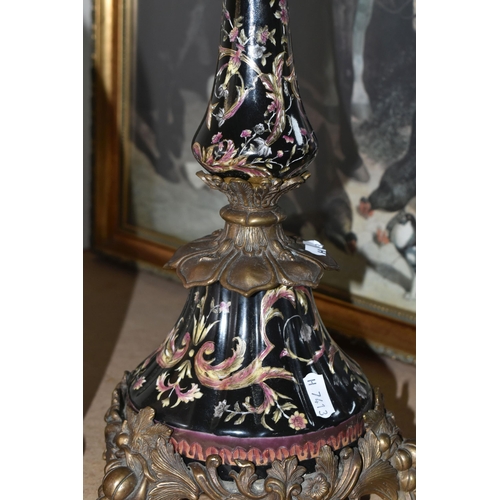 316 - A LARGE CANDELABRA AND TWO FRAMED PICTURES, comprising a Wong Lee porcelain and cast metal five flam... 