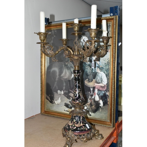 316 - A LARGE CANDELABRA AND TWO FRAMED PICTURES, comprising a Wong Lee porcelain and cast metal five flam... 