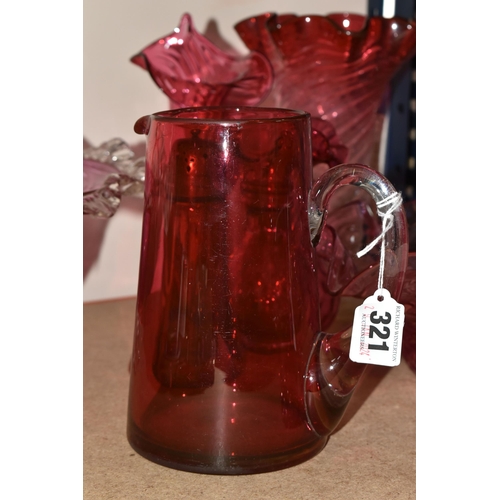 321 - A GROUP OF CRANBERRY GLASS, comprising three frilled edge bowls, a small basket, tumbler (chipped), ... 