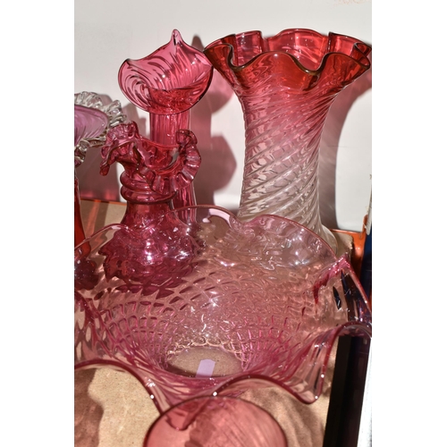 321 - A GROUP OF CRANBERRY GLASS, comprising three frilled edge bowls, a small basket, tumbler (chipped), ... 