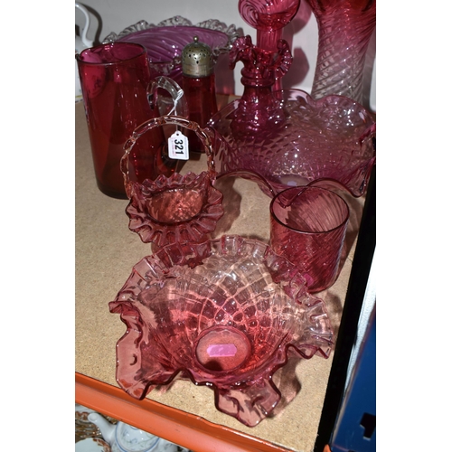 321 - A GROUP OF CRANBERRY GLASS, comprising three frilled edge bowls, a small basket, tumbler (chipped), ... 