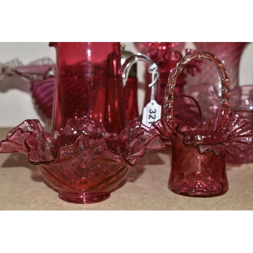 321 - A GROUP OF CRANBERRY GLASS, comprising three frilled edge bowls, a small basket, tumbler (chipped), ... 