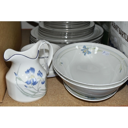 326 - TWO BOXES OF CERAMICS AND GLASSWARE, to include a Royal Doulton 'Vogue' pattern dinner set, a Queen'... 