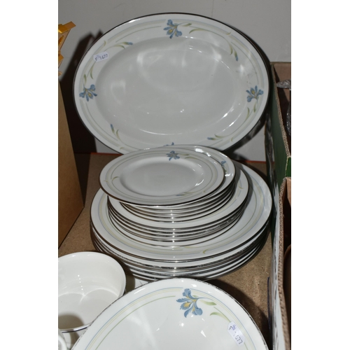 326 - TWO BOXES OF CERAMICS AND GLASSWARE, to include a Royal Doulton 'Vogue' pattern dinner set, a Queen'... 