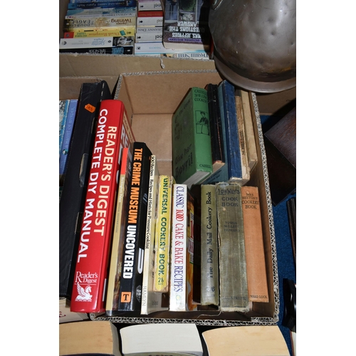 328 - SIX BOXES OF BOOKS AND MISCELLANEOUS SUNDRIES, to include three wooden mantel clocks, large copper m... 