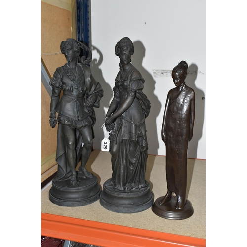 329 - THREE BRONZED FIGURINES, comprising a pair of spelter figurines of a young man and woman (possibly R... 