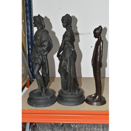 329 - THREE BRONZED FIGURINES, comprising a pair of spelter figurines of a young man and woman (possibly R... 