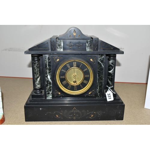 331 - A BLACK SLATE VICTORIAN MANTEL CLOCK, a late Victorian large black slate cased mantel clock of archi... 