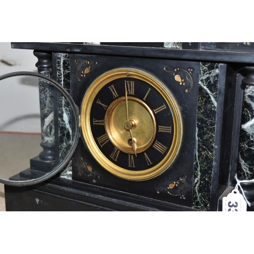 331 - A BLACK SLATE VICTORIAN MANTEL CLOCK, a late Victorian large black slate cased mantel clock of archi... 