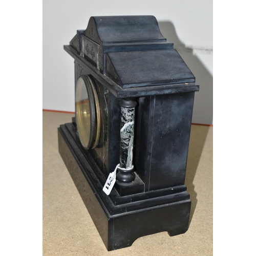 331 - A BLACK SLATE VICTORIAN MANTEL CLOCK, a late Victorian large black slate cased mantel clock of archi... 